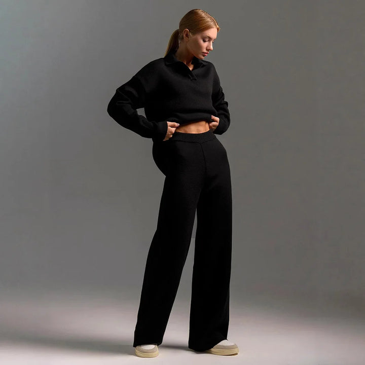 Women’s Wide Leg Knit Two-Piece Polo Set Polo Collar - Heston Manor