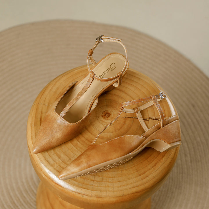 Brina Genuine Leather T-Strap Heels