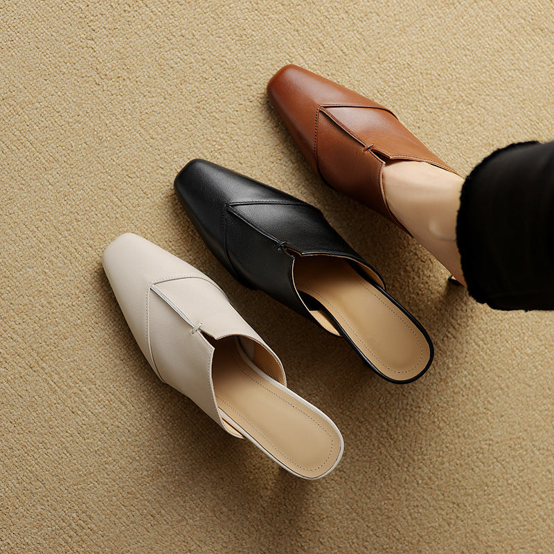 Lorrie Genuine Leather Square-Toe Mule Heels