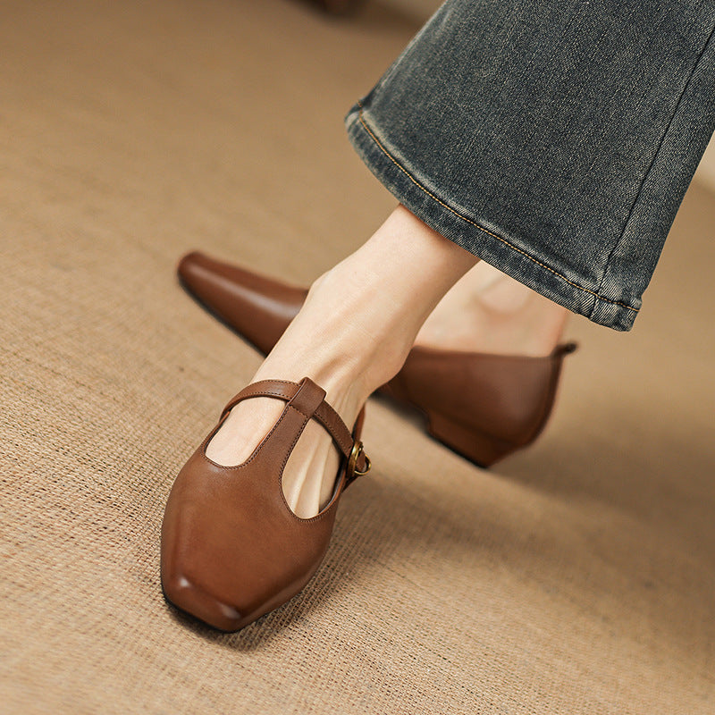 Dazie Genuine Leather T-Strap Heels