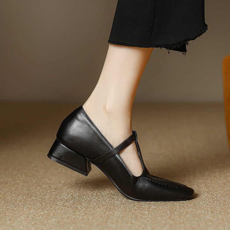 Emma Leather T-Strap Heel Pumps