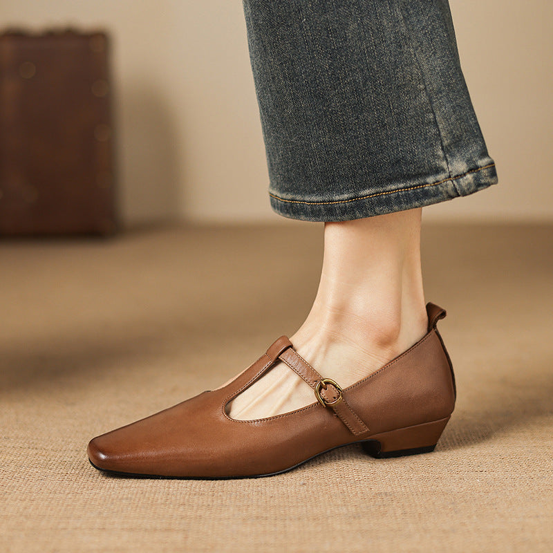 Dazie Genuine Leather T-Strap Heels