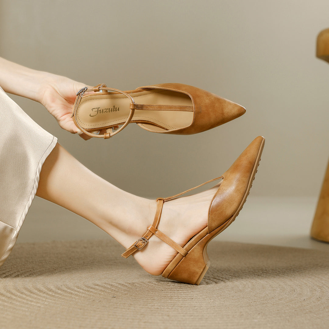 Brina Genuine Leather T-Strap Heels
