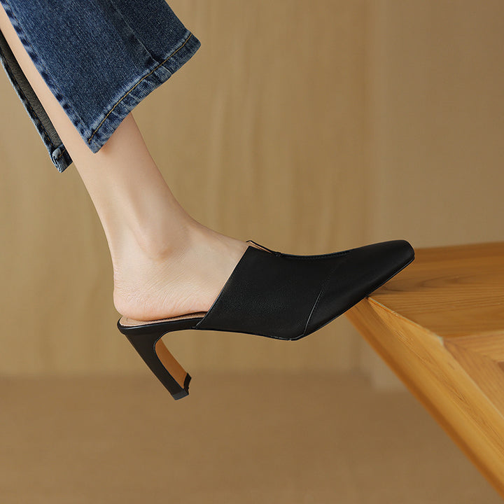 Lorrie Genuine Leather Square-Toe Mule Heels