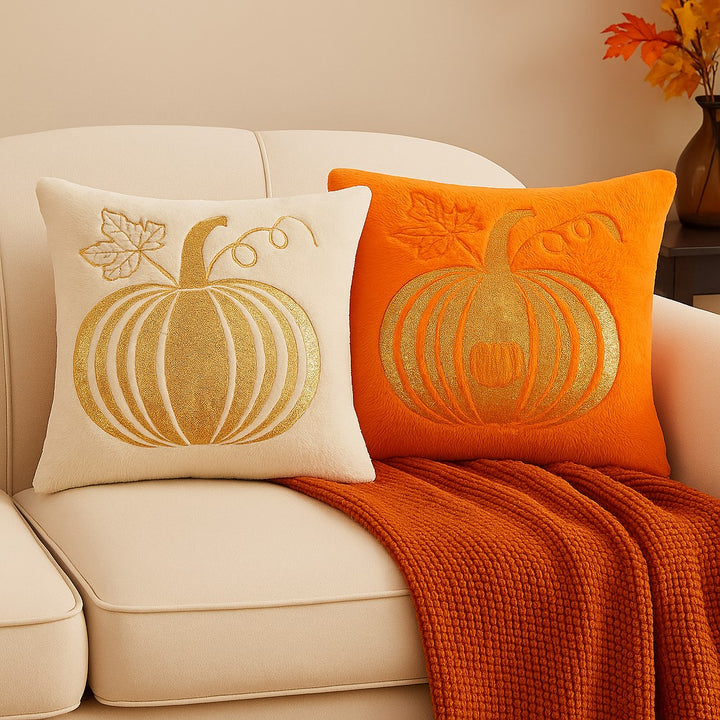 Embroidered Pumpkin Throw Pillow – Soft Plush Autumn Accent Cushions in Ivory and Orange - Heston Manor