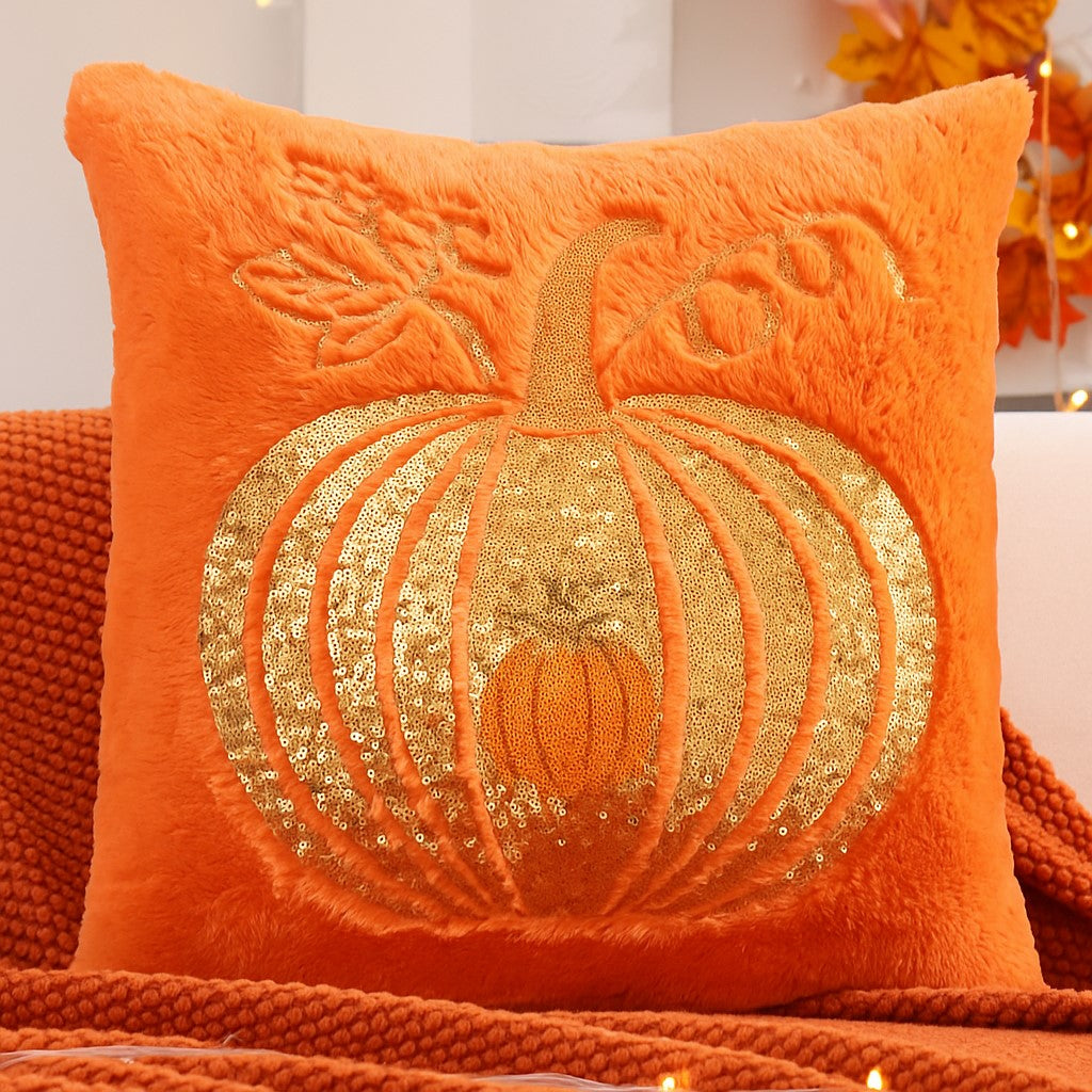 Embroidered Pumpkin Throw Pillow – Soft Plush Autumn Accent Cushions in Ivory and Orange - Heston Manor