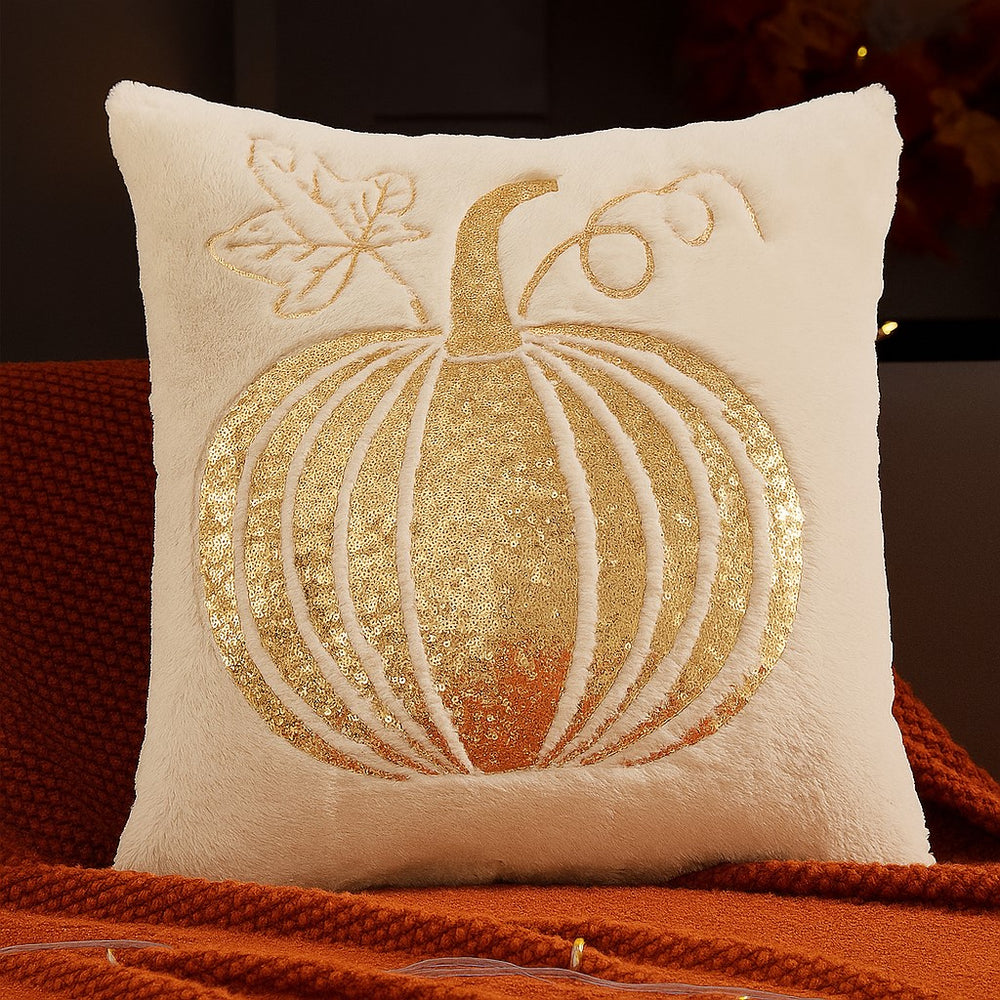 Embroidered Pumpkin Throw Pillow – Soft Plush Autumn Accent Cushions in Ivory and Orange - Heston Manor