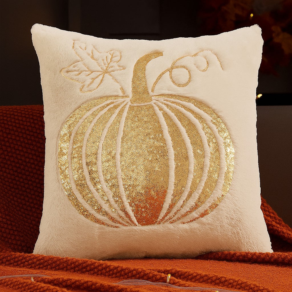 Embroidered Pumpkin Throw Pillow – Soft Plush Autumn Accent Cushions in Ivory and Orange - Heston Manor