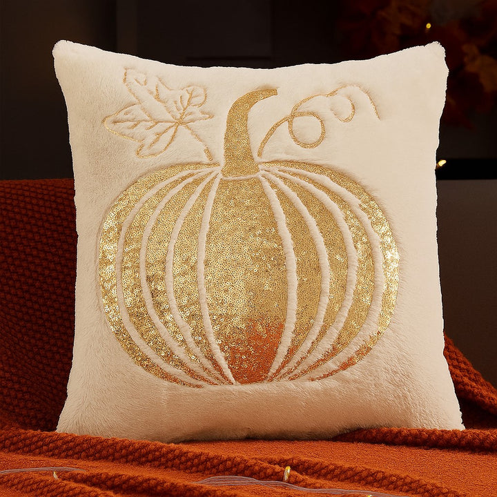 Embroidered Pumpkin Throw Pillow – Soft Plush Autumn Accent Cushions in Ivory and Orange - Heston Manor