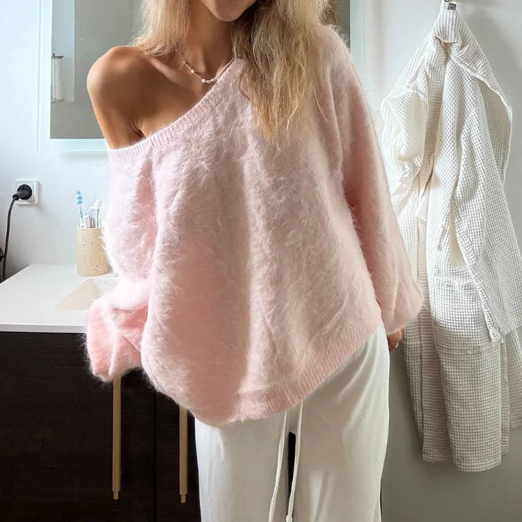 Women’s Off-Shoulder Fluffy Knit Sweater - Heston Manor