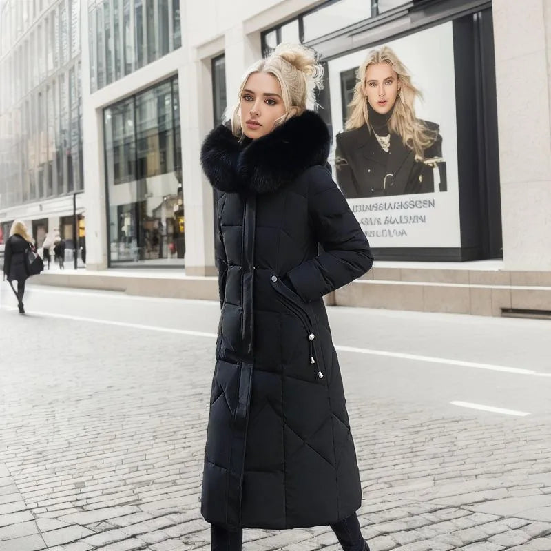 Women’s Plus Size Long Puffer Coat with Faux Fur Collar - Heston Manor