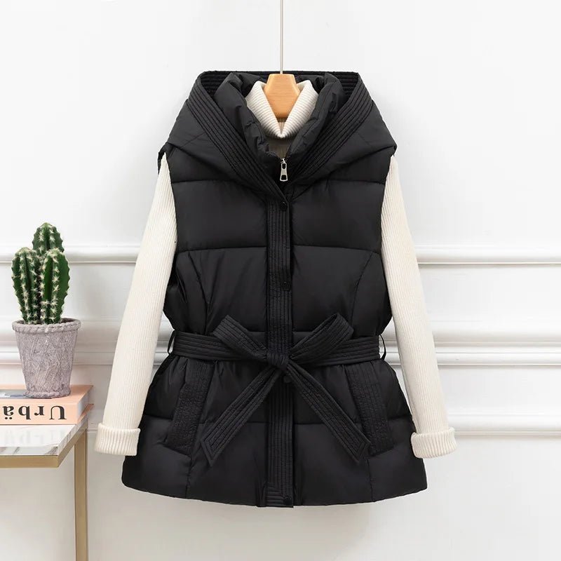 Women’s Belted Puffer Vest with Oversized Collar - Heston Manor