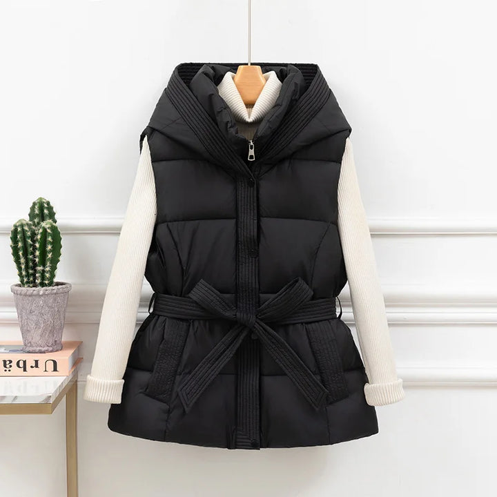 Women’s Belted Puffer Vest with Oversized Collar - Heston Manor