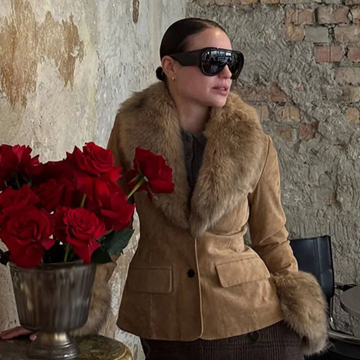 Women’s Faux Fur Collar Suede Jacket - Heston Manor