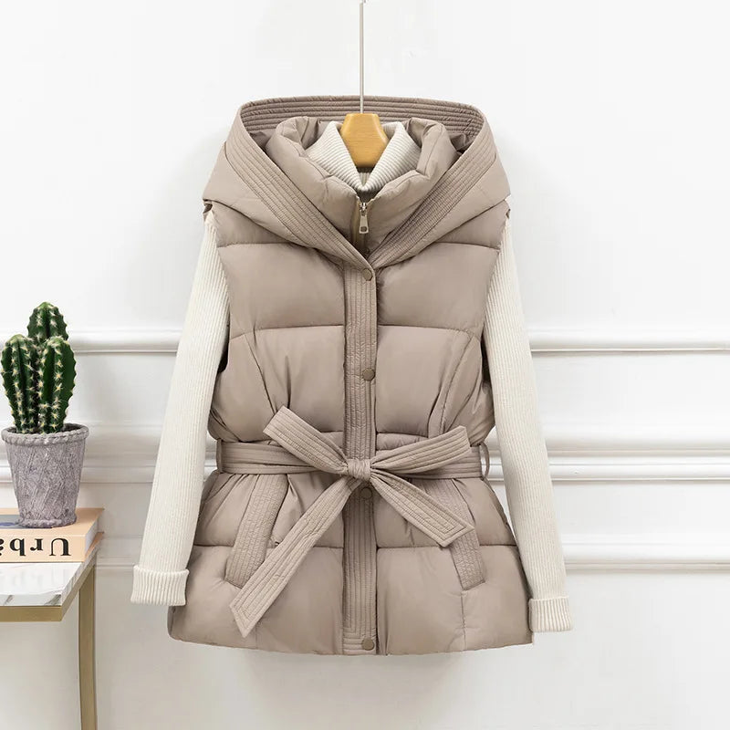 Women’s Belted Puffer Vest with Oversized Collar - Heston Manor