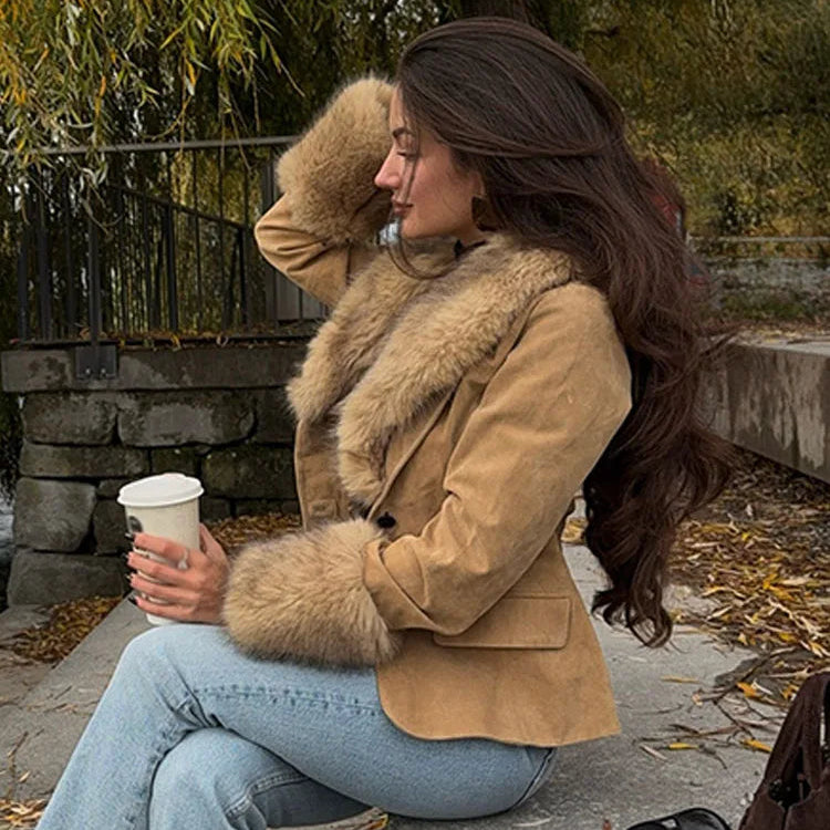 Women’s Faux Fur Collar Suede Jacket - Heston Manor