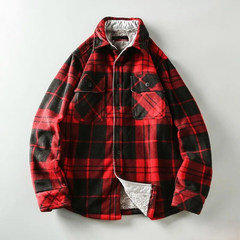 Men’s Red & Black Plaid Fleece-Lined Shirt Jacket - Heston Manor