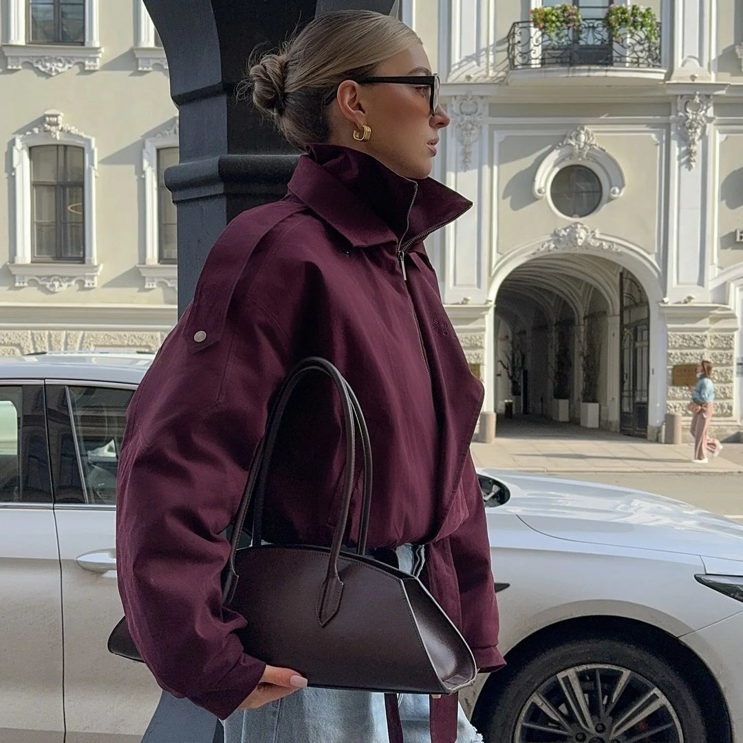 Women’s Burgundy Zipper Bomber Jacket - Heston Manor