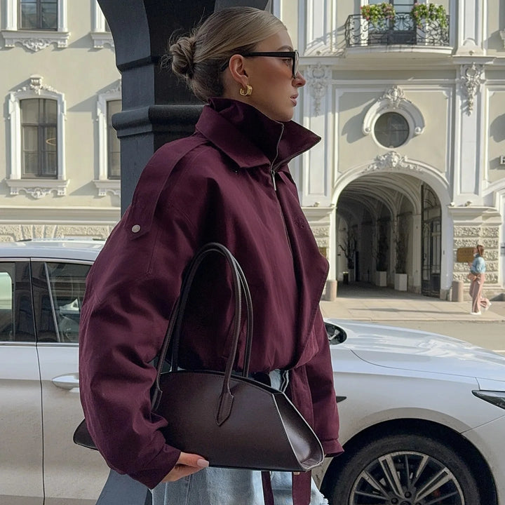Women’s Burgundy Zipper Bomber Jacket - Heston Manor