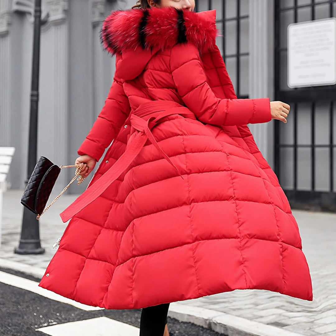 Women’s Belted Puffer Coat with Faux Fur Collar - Heston Manor