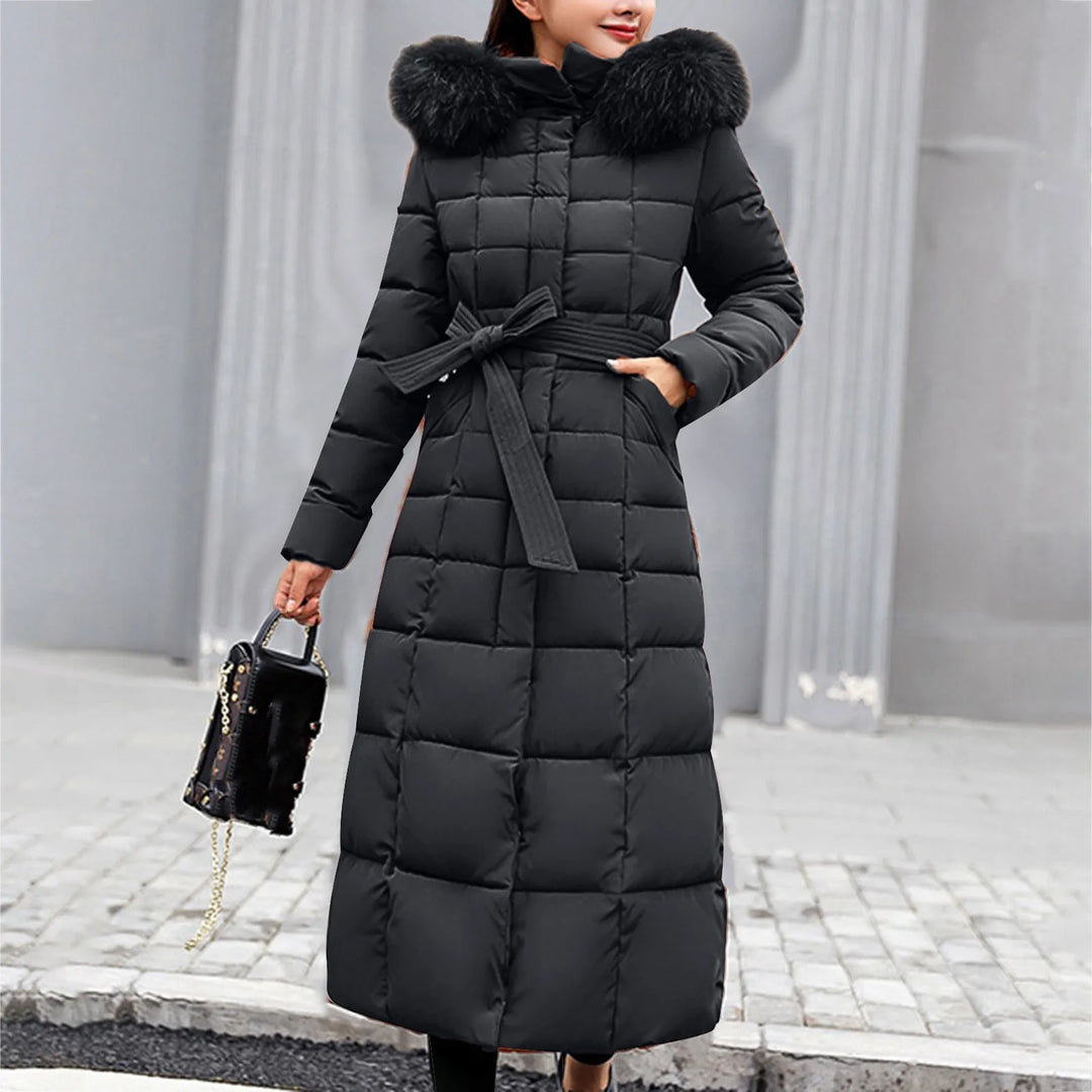 Women’s Belted Puffer Coat with Faux Fur Collar - Heston Manor