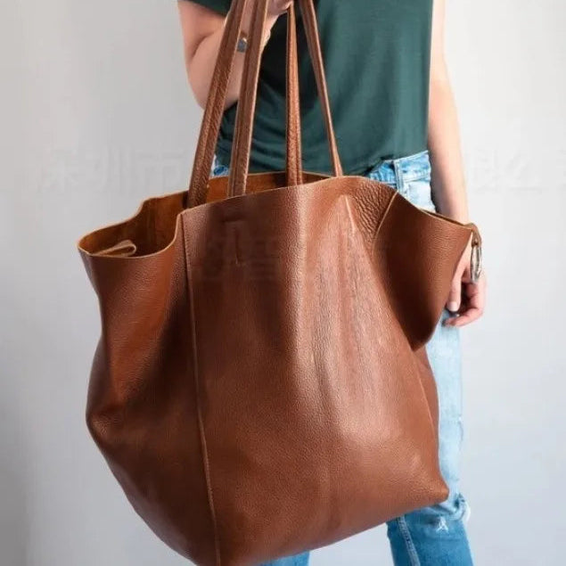 Oversized Faux Leather Tote Bag with Matching Zipper Pouch - Heston Manor