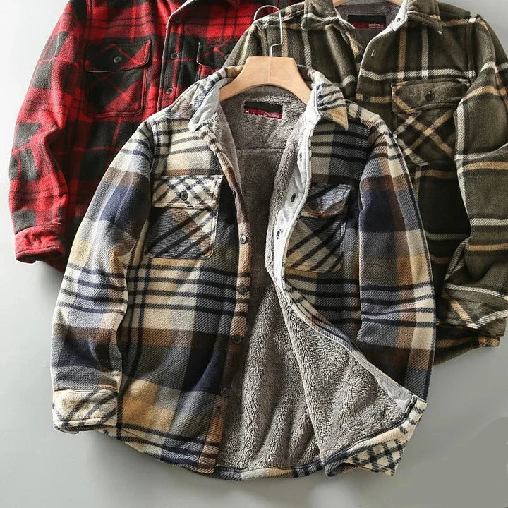 Men’s Red & Black Plaid Fleece-Lined Shirt Jacket - Heston Manor