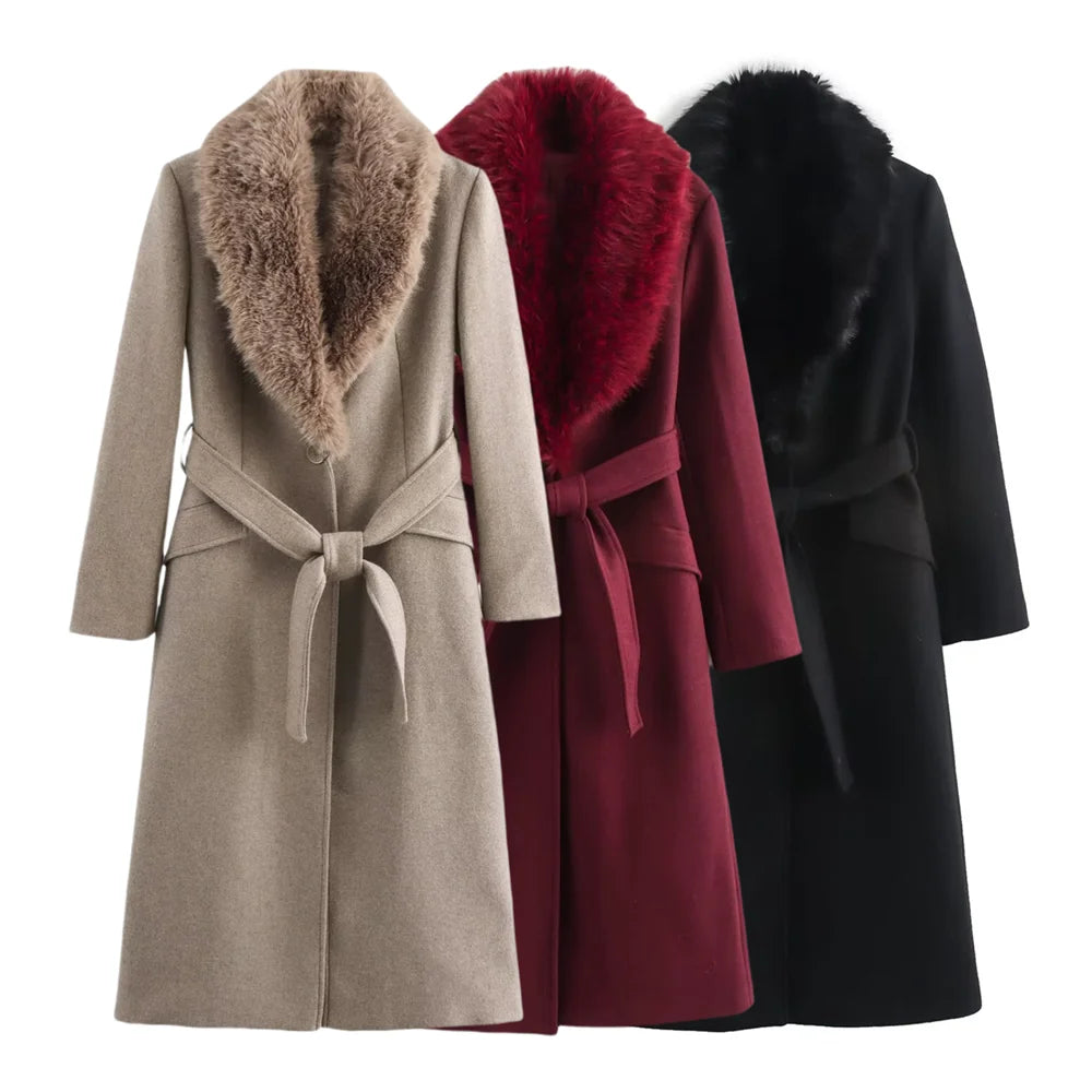 Women's Long Belted Coat with Luxe Faux-Fur Collar - Heston Manor