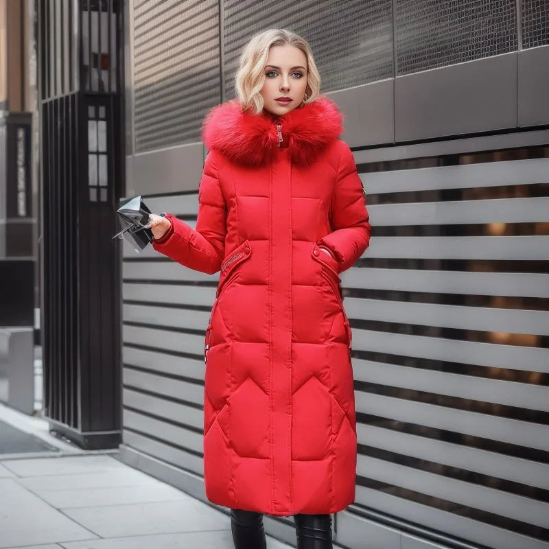 Women’s Plus Size Long Puffer Coat with Faux Fur Collar - Heston Manor