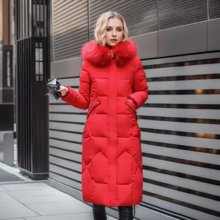 Women’s Plus Size Long Puffer Coat with Faux Fur Collar - Heston Manor
