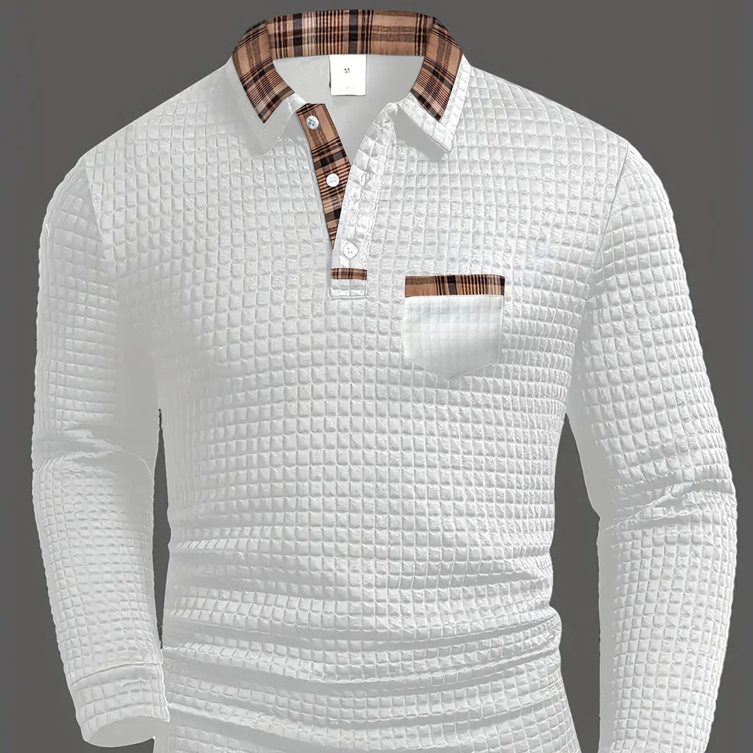 Men’s Textured Long-Sleeve Polo Shirt with Plaid Collar - Heston Manor