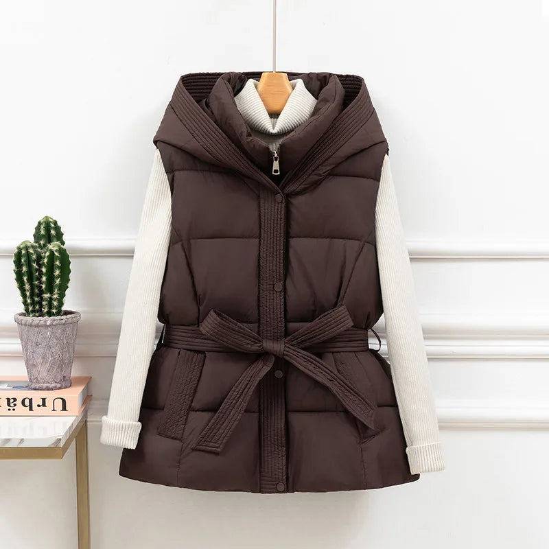 Women’s Belted Puffer Vest with Oversized Collar - Heston Manor