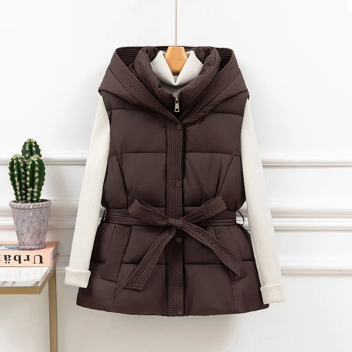 Women’s Belted Puffer Vest with Oversized Collar - Heston Manor