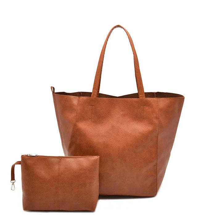 Oversized Faux Leather Tote Bag with Matching Zipper Pouch - Heston Manor