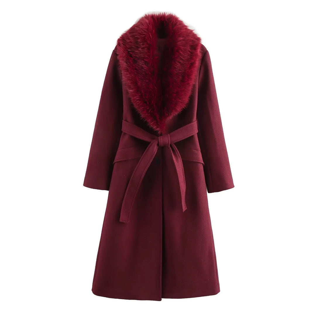 Women's Long Belted Coat with Luxe Faux-Fur Collar - Heston Manor