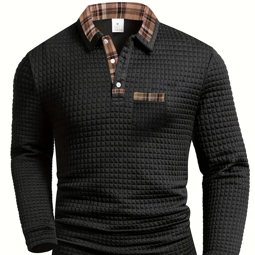 Men’s Textured Long-Sleeve Polo Shirt with Plaid Collar - Heston Manor