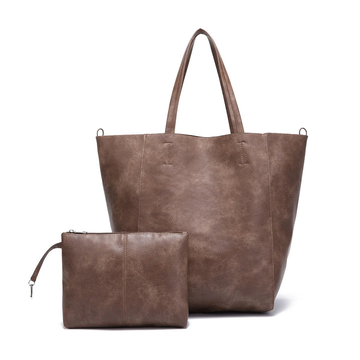 Oversized Faux Leather Tote Bag with Matching Zipper Pouch - Heston Manor