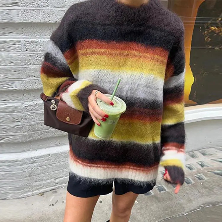Women’s Cozy Striped Fuzzy Sweater - Heston Manor
