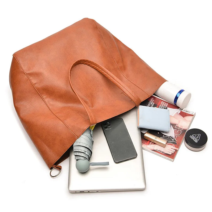 Oversized Faux Leather Tote Bag with Matching Zipper Pouch - Heston Manor