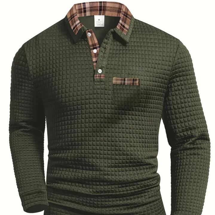 Men’s Textured Long-Sleeve Polo Shirt with Plaid Collar - Heston Manor