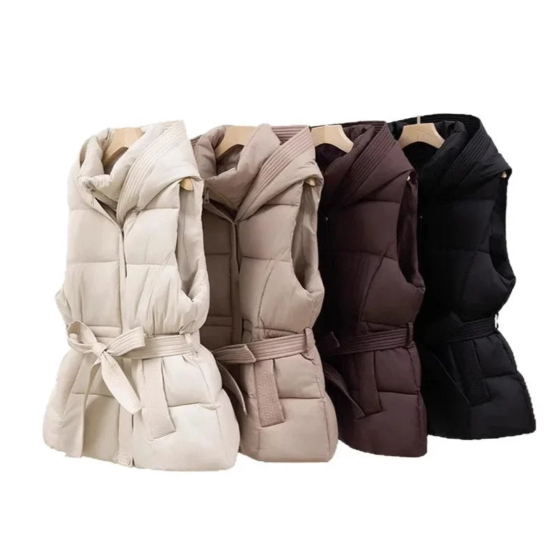 Women’s Belted Puffer Vest with Oversized Collar - Heston Manor