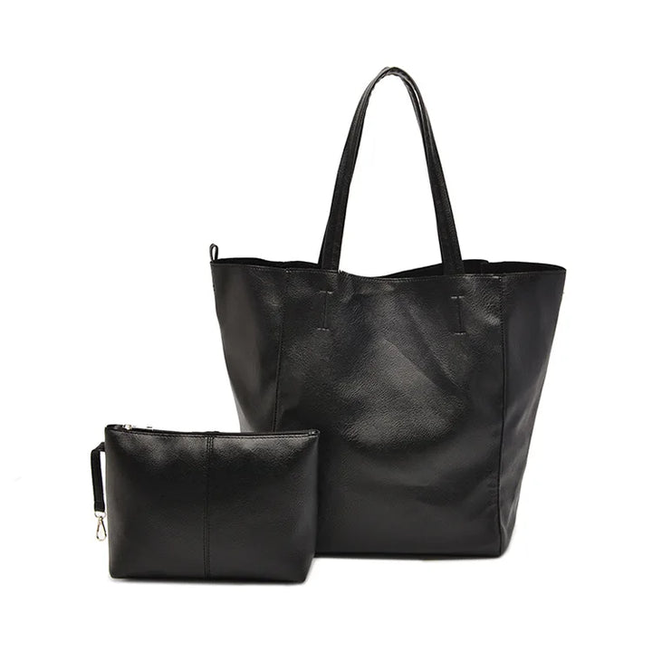 Oversized Faux Leather Tote Bag with Matching Zipper Pouch - Heston Manor