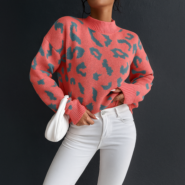 Women's Coral Leopard Print Crew Neck Sweater - Heston Manor