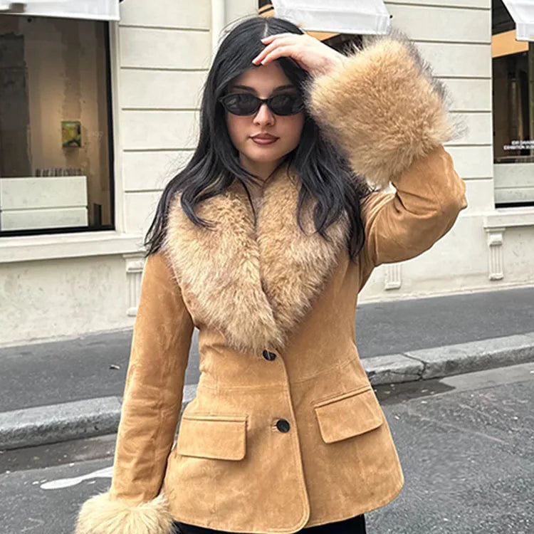 Women’s Faux Fur Collar Suede Jacket - Heston Manor