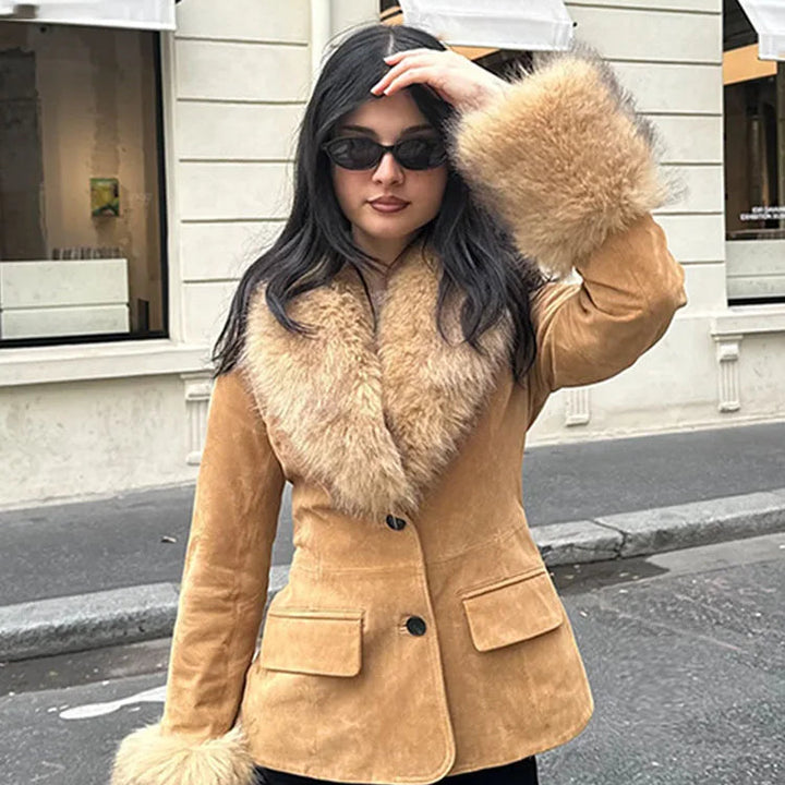 Women’s Faux Fur Collar Suede Jacket - Heston Manor