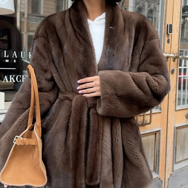 Women’s Brown Faux-Fur Belted Coat - Heston Manor