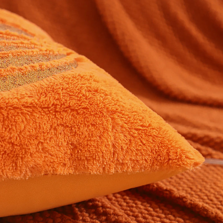 Embroidered Pumpkin Throw Pillow – Soft Plush Autumn Accent Cushions in Ivory and Orange - Heston Manor
