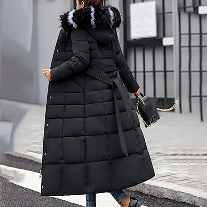 Women’s Belted Puffer Coat with Faux Fur Collar - Heston Manor