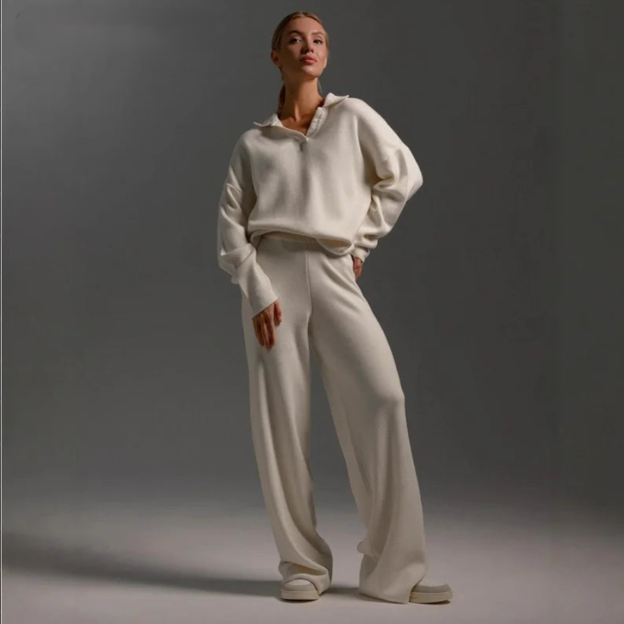 Women’s Wide Leg Knit Two-Piece Polo Set Polo Collar - Heston Manor