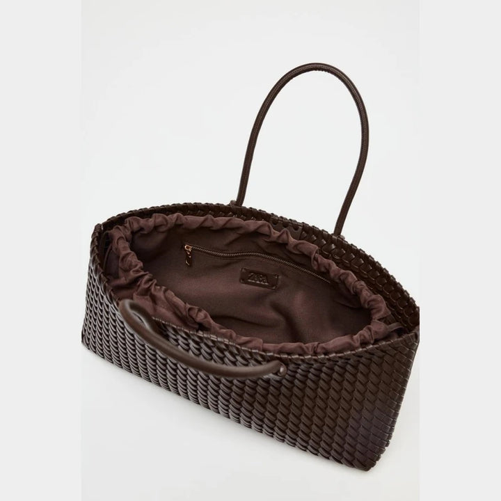 Women’s Dark Brown Woven Leather Handbag - Heston Manor